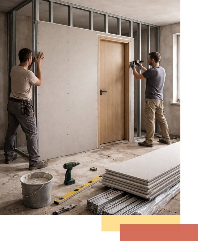 Перегородка из гипсокартона с дверью под ключ в Ивантеевке