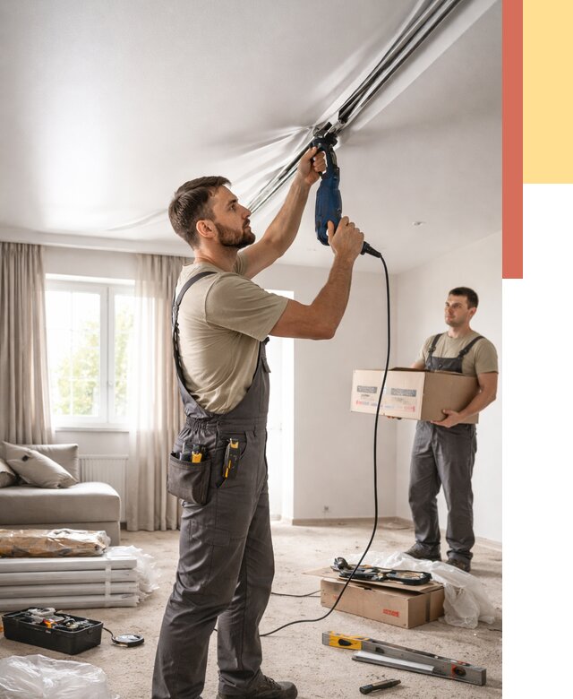 Монтаж сатинового натяжного потолка в Ивантеевке от 3600 руб. | Быстро, недорого — ОТДЕЛОЧНИК-Внт