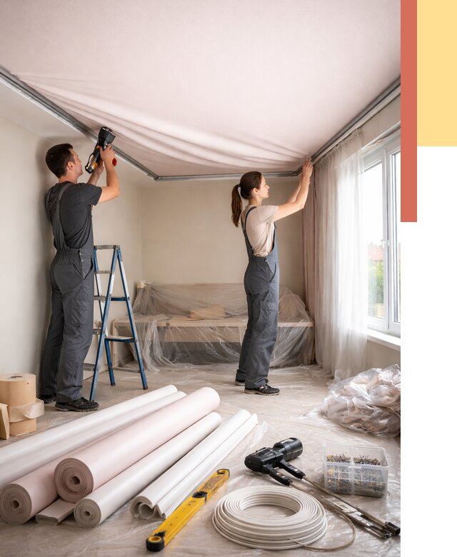 Монтаж цветного натяжного потолка в Ивантеевке от 4321 руб/м² — быстро и недорого | ОТДЕЛОЧНИК-Внт