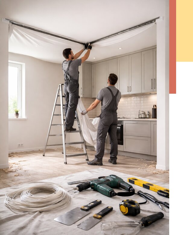 Установка натяжного потолка на кухне в Ивантеевке от 2469 руб. | ОТДЕЛОЧНИК-Внт