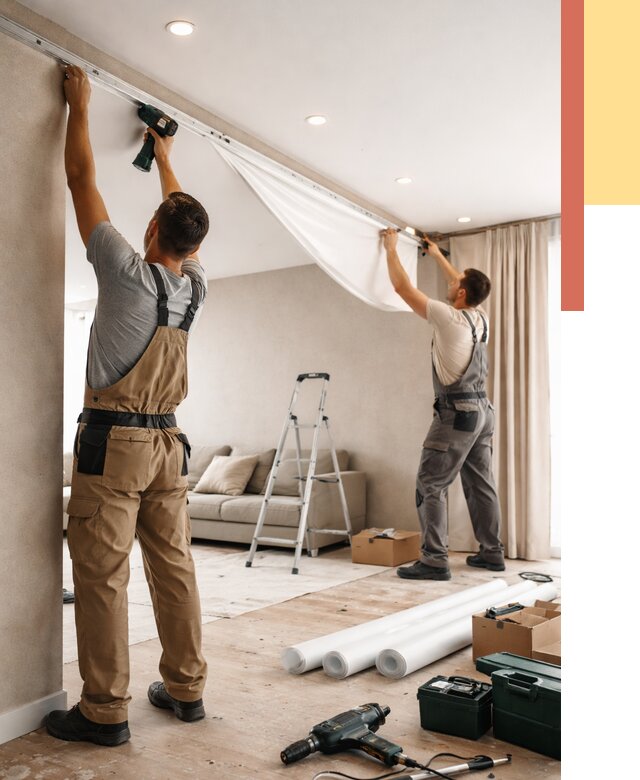 Монтаж натяжного потолка в гостиной в Ивантеевке от 566 руб. | ОТДЕЛОЧНИК-Внт