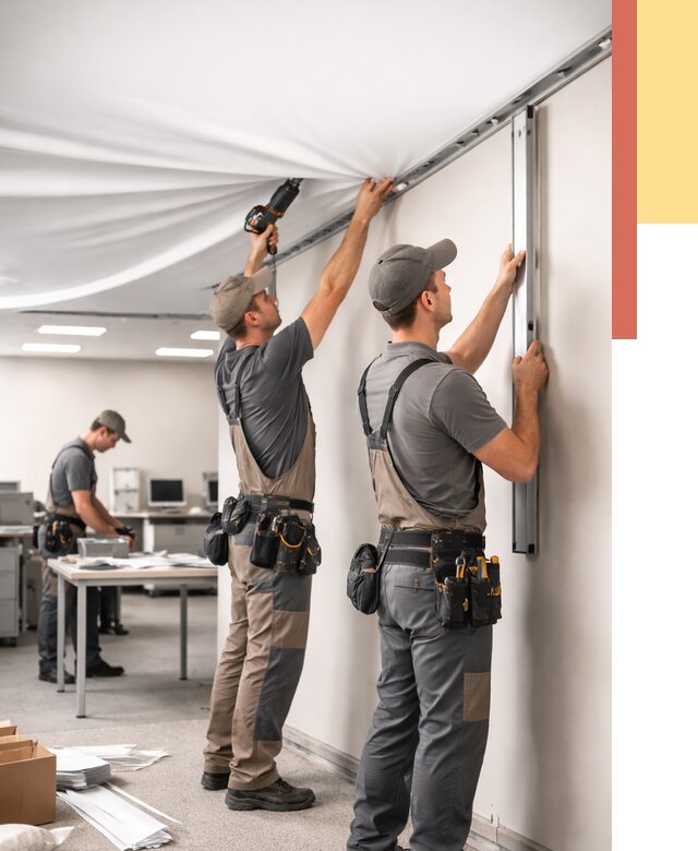 Монтаж натяжного потолка в офисе в Ивантеевке от 463 руб/м² — быстро и недорого | ОТДЕЛОЧНИК-Внт