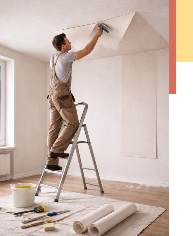 Поклейка обоев на потолок в Ивантеевке от 4629 руб. быстро и недорого | ОТДЕЛОЧНИК-Внт